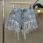 Load image into Gallery viewer, 2023 Women Spring Summer New Elegant Shorts Lady Tassel Beading High Waist Wide Leg Denim Shorts Female Streetwear Casual Pants  Amaijoin
