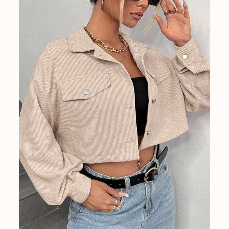 Spring Drop Shoulder Flap Detail Crop Corduroy Jacket Long Sleeve Chic Short Coats  Amaijoin