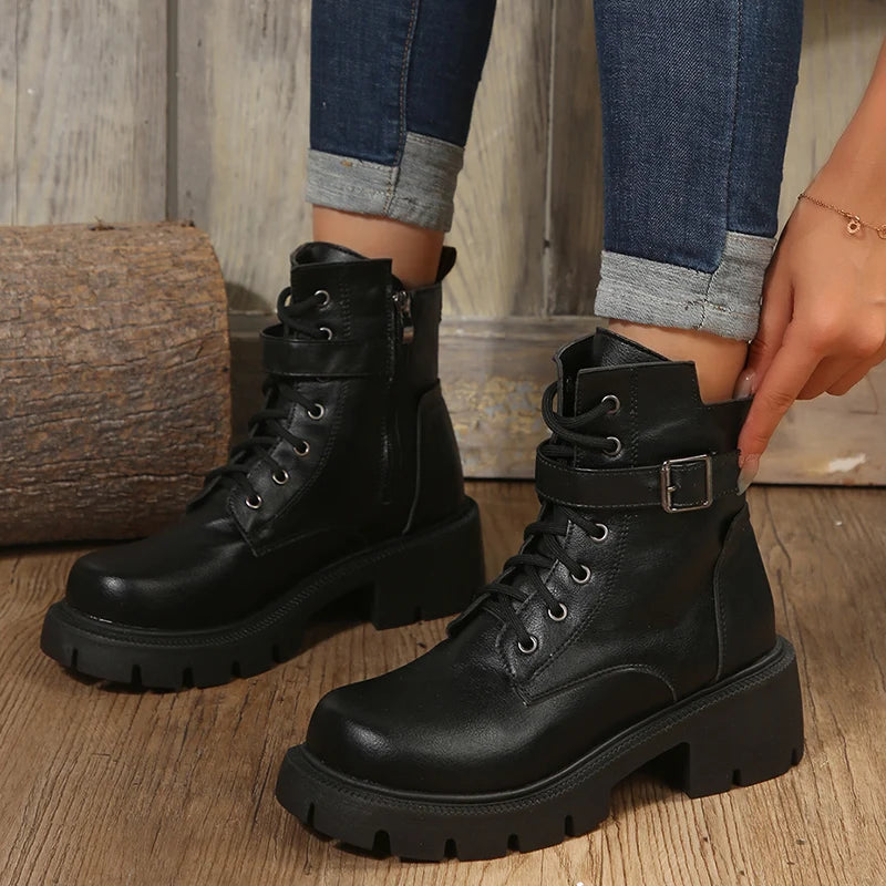 Belt Buckle Platform Combat Boots Women Chunky Heels Lace Up Ankle Boots Woman Side Zipper PU Leather Short Booties Plus Size 43  Amaijoin