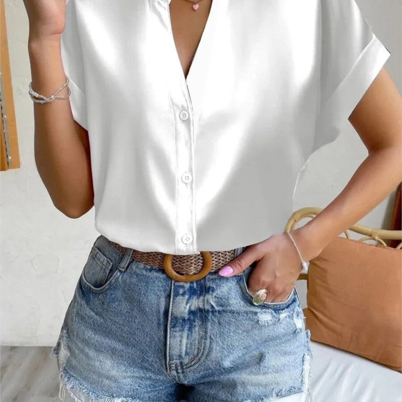 Summer Minimalist Women's V-neck Shirt 2023 Elegant Women's Satin Red Short Sleeved Single Breasted Casual Fitting Office Shirt  Amaijoin