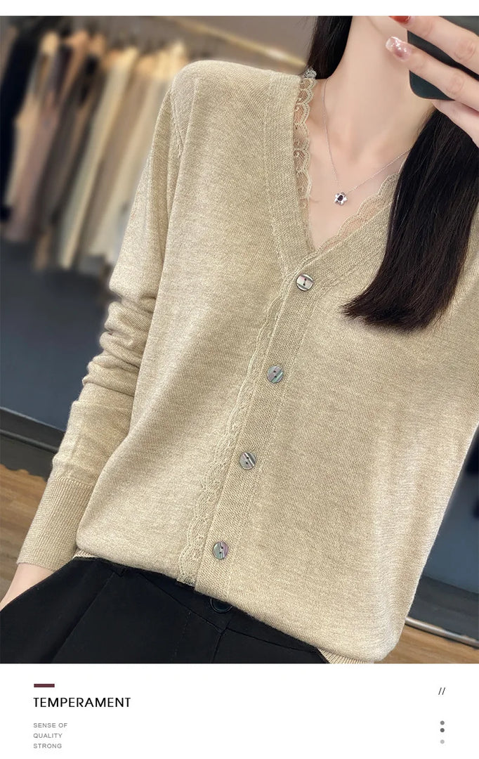 2023 Spring and Summer Cashmere Cardigans Women  V-neck Knitted Sweater Fashion Knitwear Solid Cashmere Cardigans Women's  Amaijoin