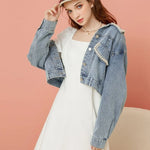 Load image into Gallery viewer, Denim Short Coat Women Lovely Autumn Pearls Buttons Lapel Loose Jacket Korean Fashion Female Casual Light Blue Street Outwear  Amaijoin
