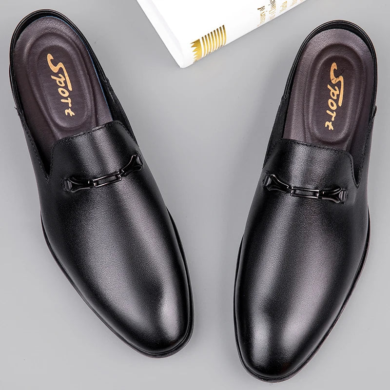 Luxury Brand Half Drag Casual Sandals Shoes Men Slippers Genuine Leather Loafers Lazy Penny Shoes High Quality Slip on Mens Shoe  Amaijoin