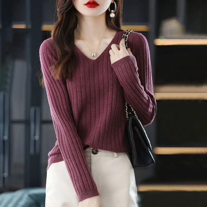 Women Sweater Long Sleeve Top Knitted Pullover V-Neck Fashion Sweater Woman Winter 2022 Basic Female Clothing Soild OL Sweaters  Amaijoin