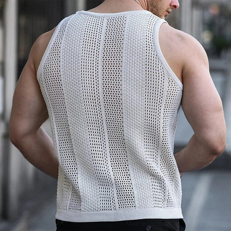 Summer New Men's Sleeveless T-shirt Sleeveless Slim Knit Vest Men's Tank Top Sexy Hollow Through Men's Vest FugeesTee Sportswear  Amaijoin