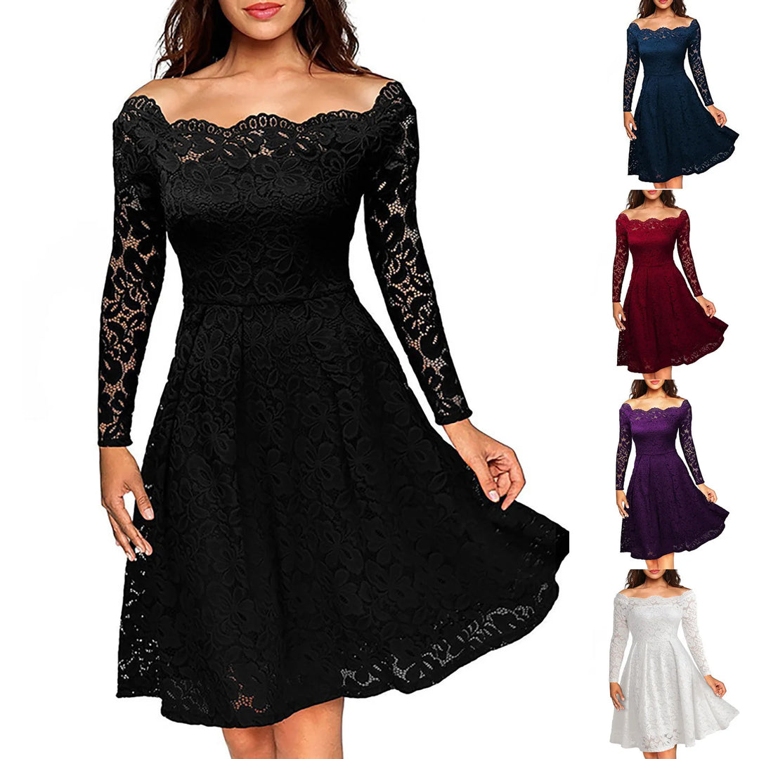 Women's Dresses Summer Dresses Hollow Out Long-Sleeve Waist A-Line Big Swing Lace with Lining Dress Flowy Dresses  Amaijoin