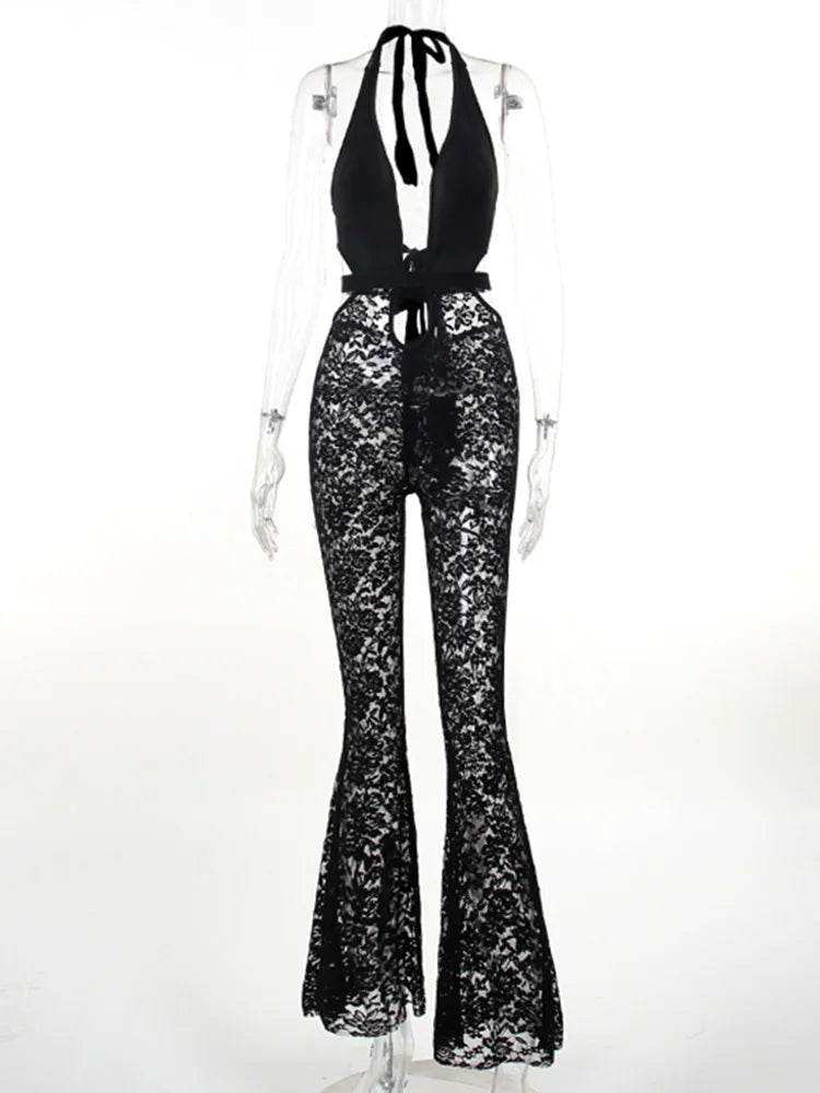 New Women's Fashion Spicy Girl Slim Fit Hollow Deep V Lace Pants Sexy Jumpsuit For Women JY23420DG  Amaijoin