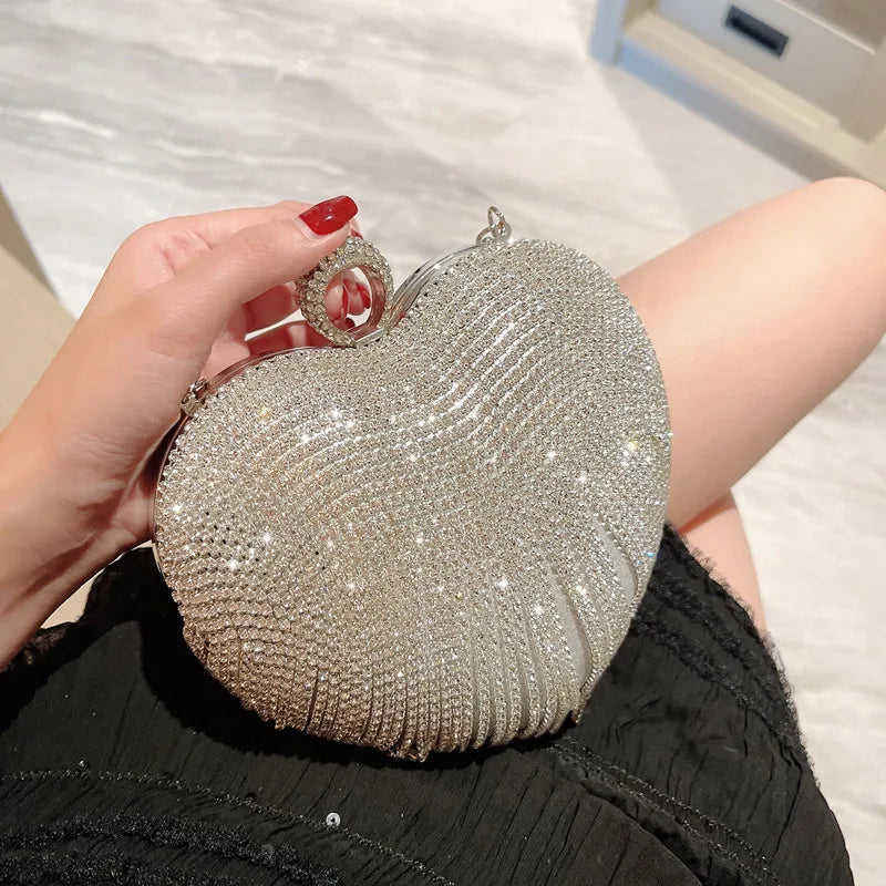 Rhinestone Evening Bag Heart Pattern Silver Clutch Womens Fashion Diamond Banquet Clutch And Purse Wedding Bridal Prom Wallets  Amaijoin