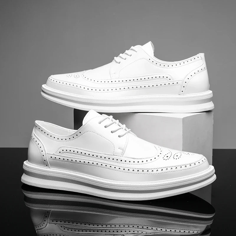 Fashion Derby Leather Men Shoes White Brogue Lace Up Solid Simple Dress Business Casual Party Wedding Flat Shoes For Man  Amaijoin