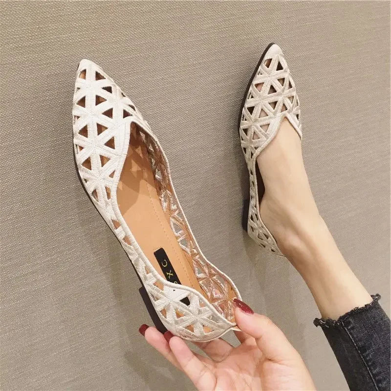 2024 Flat Shoes Women Elegant Women's Breathable Hole Shoes Pointy Shallow Mouth Hollow Leisure Commuter Footwear Spring Summer  Amaijoin