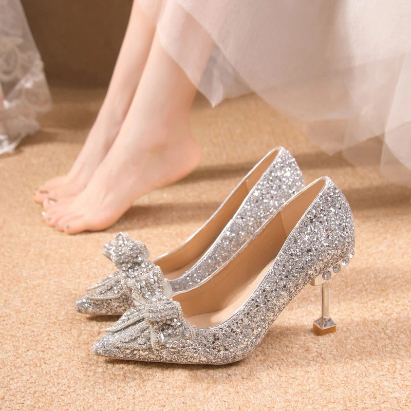 Women's Rhinestone Wedding Shoes New Year Shoes Luxury Buckle Decorative Banquet Women's Shoes High Heels Gold Silver Red  Amaijoin