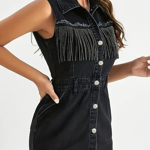 2024 New Beading Splicing Denim Dresses Women Lapel Sleeveless Single-breasted Cardigan Dressy Female Casual Commuter Short Gown  Amaijoin