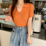 Load image into Gallery viewer, Ice Silk Ribbed POLO Short Sleeve T-Shirt Chic Red Slim Urbane Casual Design Aesthetic Beautiful Woman Blouse Summer Clothing  Amaijoin
