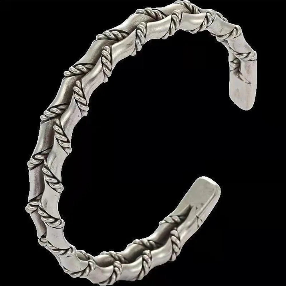 Fashionable Cuban Braided Double Layer Bamboo Open Bracelet Hip Hop Silver Color Men's Bracelet Street Party Jewelry  Amaijoin