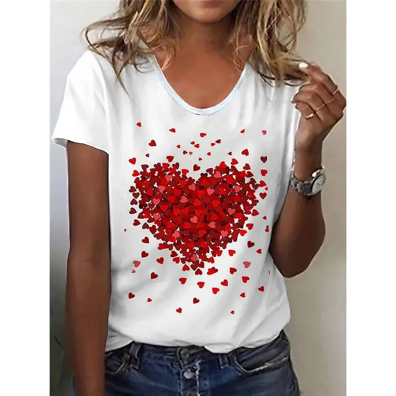 2023 Summer New Retro Women's T-shirt Red Heart Fashion 3D Printing Short-sleeved Casual Street Sports O Collar Ladies Shirt  Amaijoin