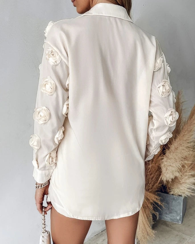 Two Piece Set Women Outfit 2024 Flower-Embroidery Detail Buttoned Turn-Down Collar Shirt & High Waist Pocket Design Shorts Set  Amaijoin