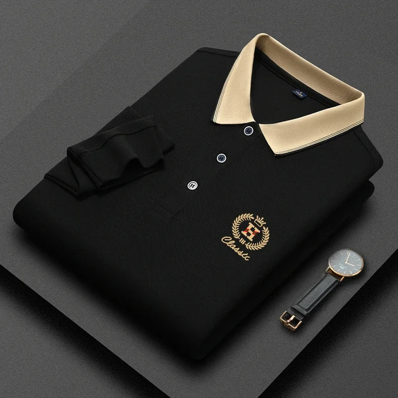 New Men's Casual Embroidery Long Sleeve Polo Shirt Fashion Solid Color Top  Amaijoin