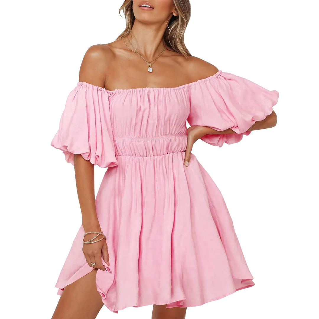 Women'S Summer Dress Puff Sleeves Off Shoulder Mini Dress Ruffled A Line Flowy Swing Dress Beach Summer Dresses For Women Plus  Amaijoin