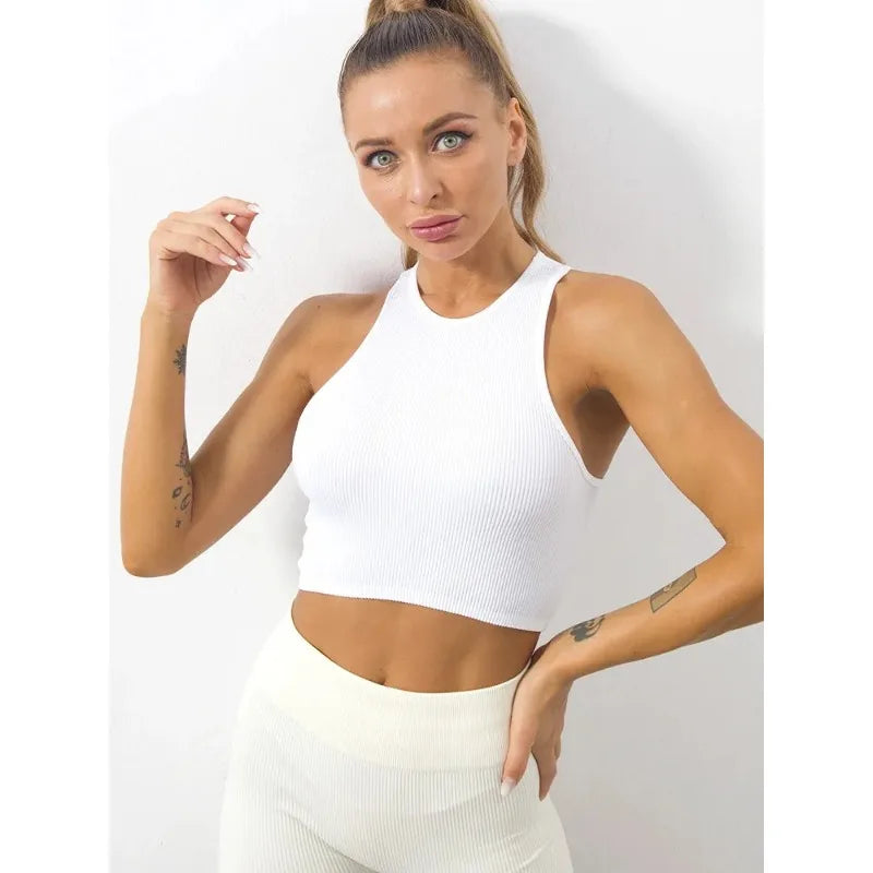 Crop Top Women Solid Basic T-shirts Vest Seamless Streetwear Elastic Rib-Knit Sleeveless Casual Tank Tops Female  Amaijoin