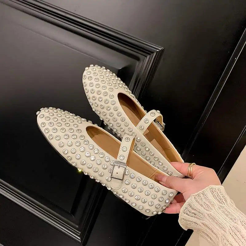 Lenkisen Luxury Rhinestone Sheepskin Mary Janes Shallow Dance Fashion Spring Shoes Summer Shallow Big Size Women Ballet Flats  Amaijoin