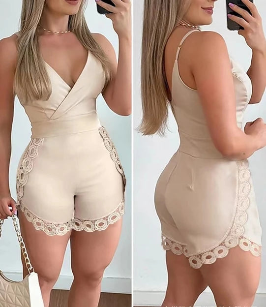 Fashion Womens Jumpsuit Elegant Plunge Sleeveless Ruched Pocket Design Romper High Waist Pocket Design Skorts Bodysuit 2024 New  Amaijoin