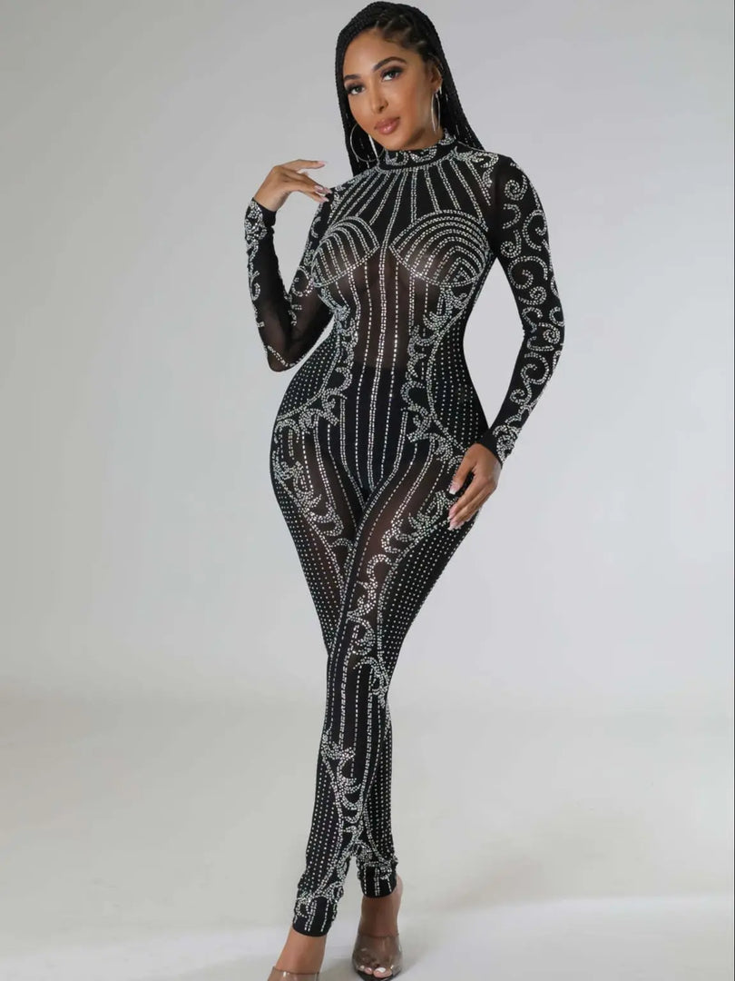 Perspective Hot Diamond Long Sleeve Party Nightclub Jumpsuit  Amaijoin