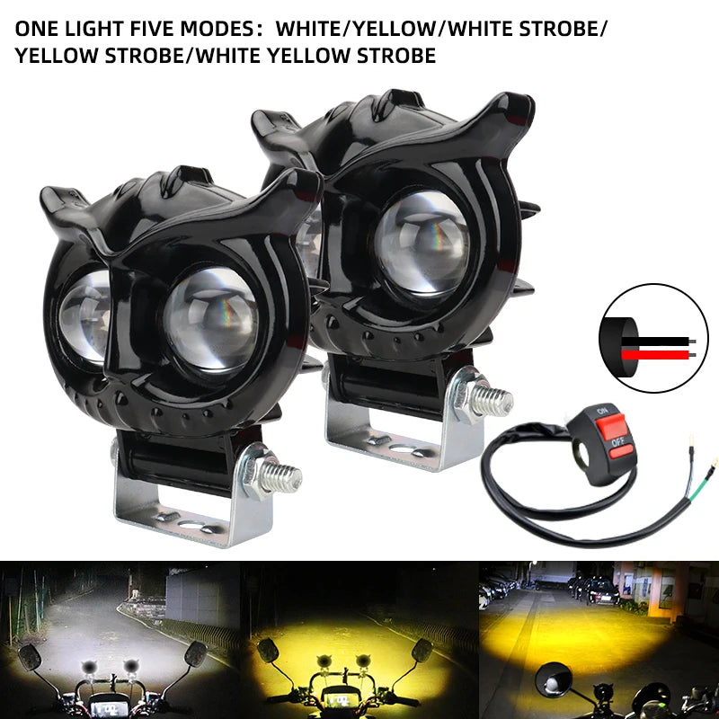 1/2PCS Motorcycle Headlight Fog light Bar 9V-85V 12W Projector Lens Spotlight LED Light Yellow white For Car/Motorcycle 6500K  Amaijoin