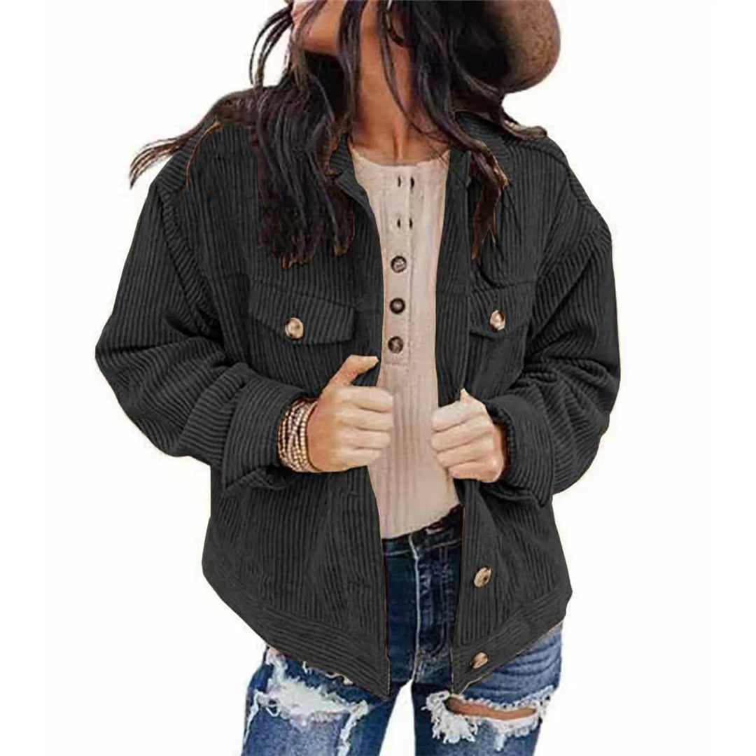 Women's Autumn And Winter Loose Corduroy Lapel Double Pockets Long-Sleeved Shirt Jacket  Amaijoin