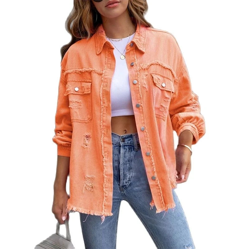 Ragged Torn Denim Lapel Jacket Women Autumn Winter Short Fashion Jacket  Pockets Blazer Solid Standard Overcoat Loose Streetwear  Amaijoin