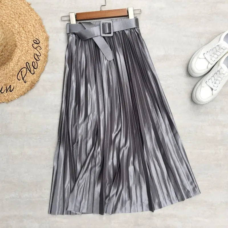 2024 New High Waist Elegant Stain Women's Pleated Skirts with Belted Solid Skirts Mi-long Umbrella Skirt Spring Summer  Amaijoin