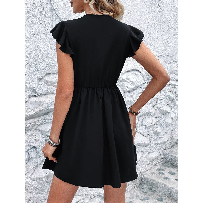 2024 Summer Elegant Women Dress V Neck Hollow Out Lace Dresses Ruffled Sleeveless Black A-line Mid Length Sexy Black Dress  Amaijoin