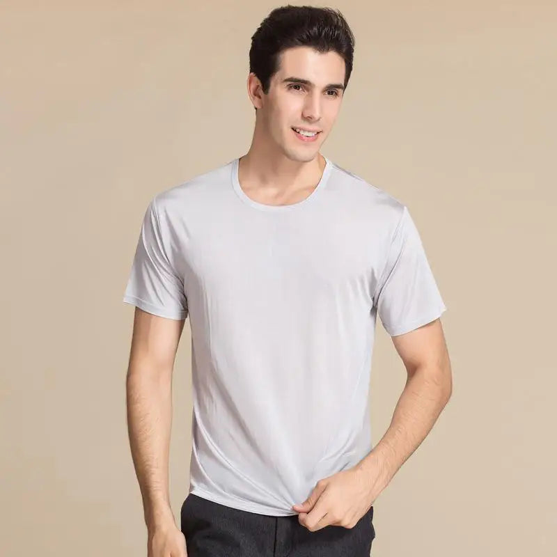 High Quality Mulberry Silk AAA grade Round  Neck Short Sleeve Men shirt Knitted Large Middle Thin Cultural  White Black Silver  Amaijoin