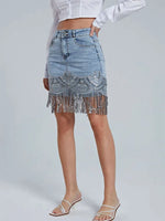 Load image into Gallery viewer, 2023 Woman Sleek Sexy Flap Pockets Sequin Fringed Mesh Hem Skinny Denim Skirt  Amaijoin
