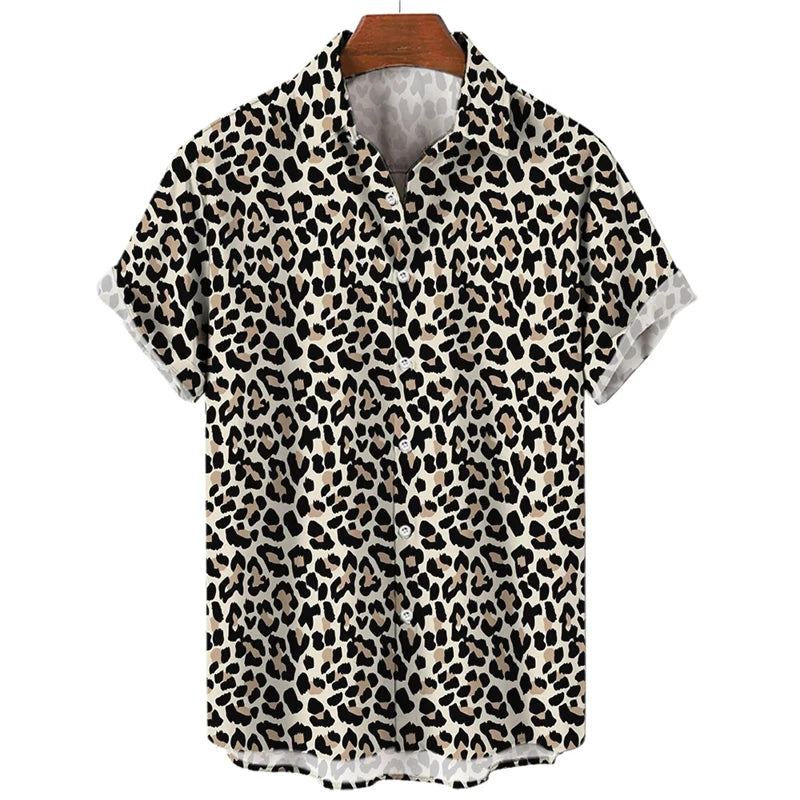 Summer 3D Leopard Print Shirts For Men Clothes Casual Vacation Short Sleeve Streetwear Button Clothing Mens Lapel Blouse Tops  Amaijoin