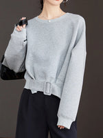 Load image into Gallery viewer, Stylish Grey Sweatshirts Autumn Winter Women Plain Long Sleeve Belt Waist Loose Casual Oversize Pullovers Korean Short Jumper  Amaijoin
