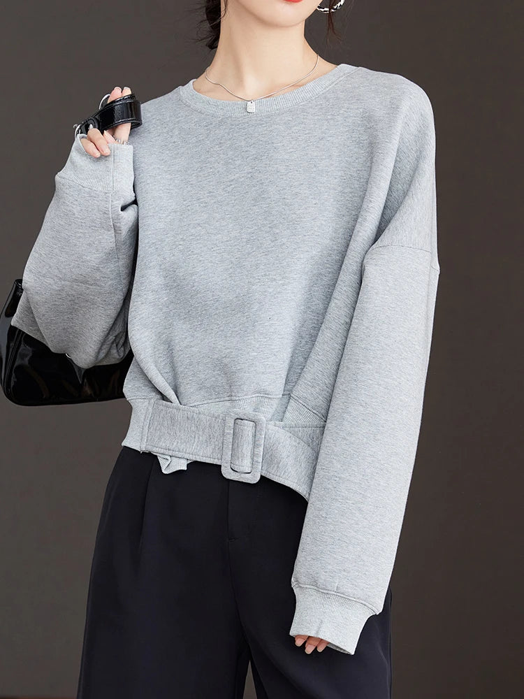 Stylish Grey Sweatshirts Autumn Winter Women Plain Long Sleeve Belt Waist Loose Casual Oversize Pullovers Korean Short Jumper  Amaijoin