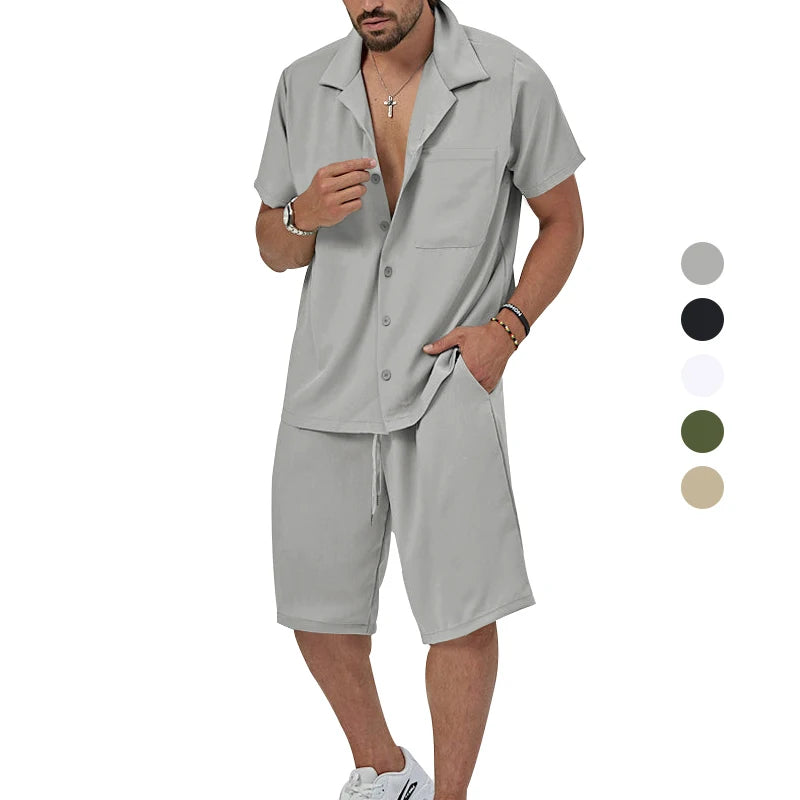 Men's Summer Casual Short Sleeved Shorts Simple Family Set Shirt Outdoor 2-Piece Breathable Beach Set  Amaijoin