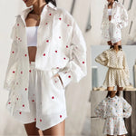 Load image into Gallery viewer, Women Two Piece Set Cotton Linen Ruffle Shirt Shorts Summer Home Heart Pattern Long Sleeve Button Blouse Short Set Outfits  Amaijoin
