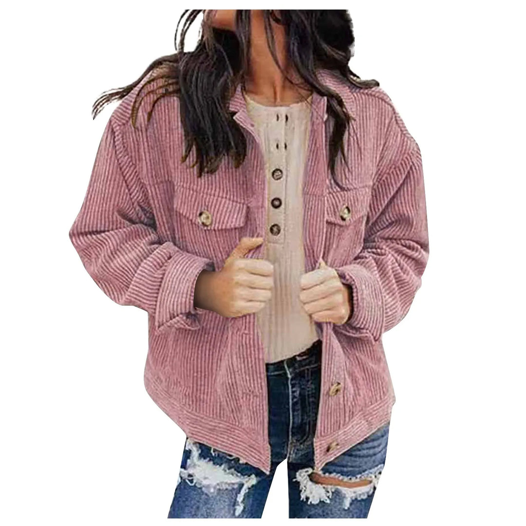 Women's Autumn And Winter Loose Corduroy Lapel Double Pockets Long-Sleeved Shirt Jacket  Amaijoin