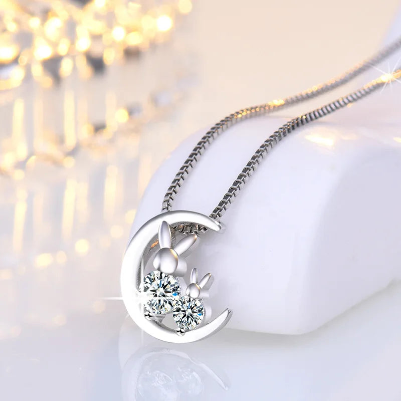 925 Sterling Silver Moon Necklace Pendant Zircon For Women Fashion Exquisite Student Girlfriend Jewelry Accessories Heart Gift  Amaijoin