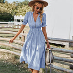 Load image into Gallery viewer, Women Elegant Striped Lantern Sleeve Summer Dress Causal V-neck Button Ruffles Midi Dress 2023 Women Beach Holiday Party Dress  Amaijoin
