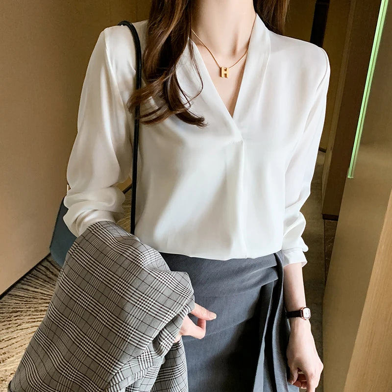 2023 Autumn Long Sleeve White Shirt Women Korean Style V-neck Loose Tops Summer Office Lady Solid Chiffon Blouse Female 9382  Amaijoin