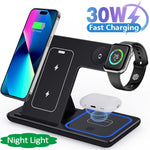 Load image into Gallery viewer, 30W LED Fast Wireless Charger Stand 3 in 1 Foldable Charging Station For iPhone 15 14 13 12 11 Apple Watch 9 8 7 6 5 Airpods Pro  Amaijoin
