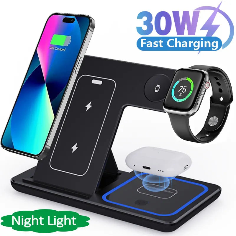 30W LED Fast Wireless Charger Stand 3 in 1 Foldable Charging Station For iPhone 15 14 13 12 11 Apple Watch 9 8 7 6 5 Airpods Pro  Amaijoin