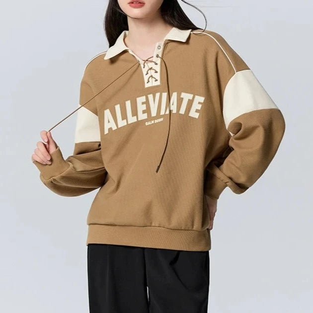 Semir Sweatshirt Women Fleece Letter Print Color Matching Loose Winter Waffle Polo Collar Artistic Retro Style Sweatshirt  Amaijoin