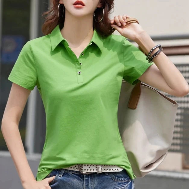 Summer New In Polo Shirt Short Sleeve Cotton Plus Size  Basic T- Shirt Women Button Casual Office Lady Formal Women Tops 2024  Amaijoin