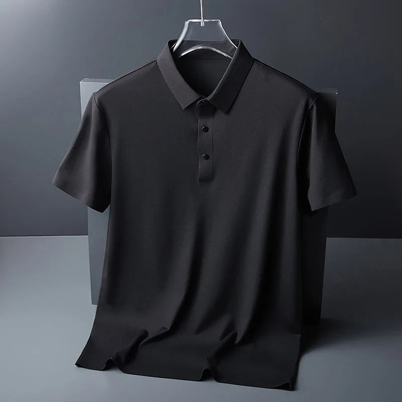 High quality wrinkle resistant ice silk short sleeve t-shirt men's summer Lapel loose casual solid color top high-end polo men  Amaijoin