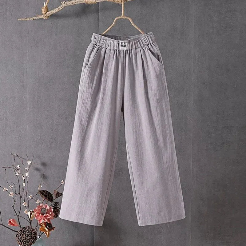 M-4xl Summer Elastic Waist Women's Pants Casual Solid Cotton Linen Ankle Length Pants Female 2023 High Quality Baggy Trousers  Amaijoin