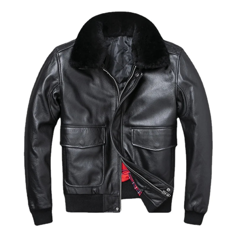 Plus Size Bust 140cm Bomber Men Genuine Leather Jacket Natural Fur Collar Classic Casual G1 Real Cowhide Mens Coat Winter Warm  Amaijoin