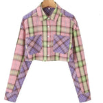 Load image into Gallery viewer, XNWMNZ 2024 Women&#39;s Fashion Patch Bag Crop Checkered Shirt Women High Street Lapel Long Sleeve Versatile Female Top  Amaijoin
